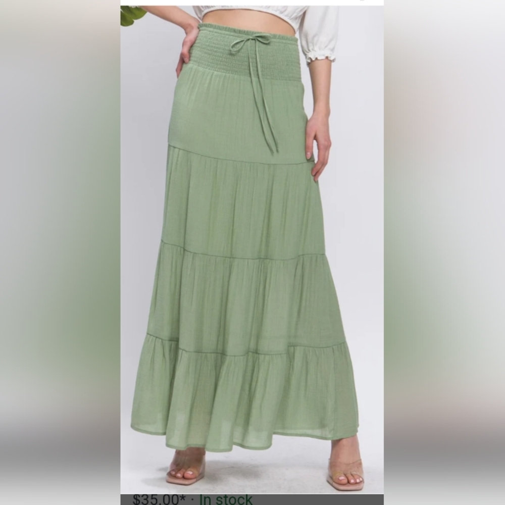 Love Tree Tiered Tie Smocked Waist Green Maxi Skirt Size L